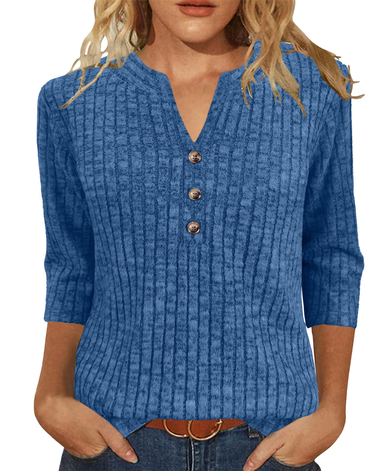 Womens Sweaters 3 4 Length Sleeve Tops Fall Fashion V Neck Casual Sweatshirt Winter Clothes