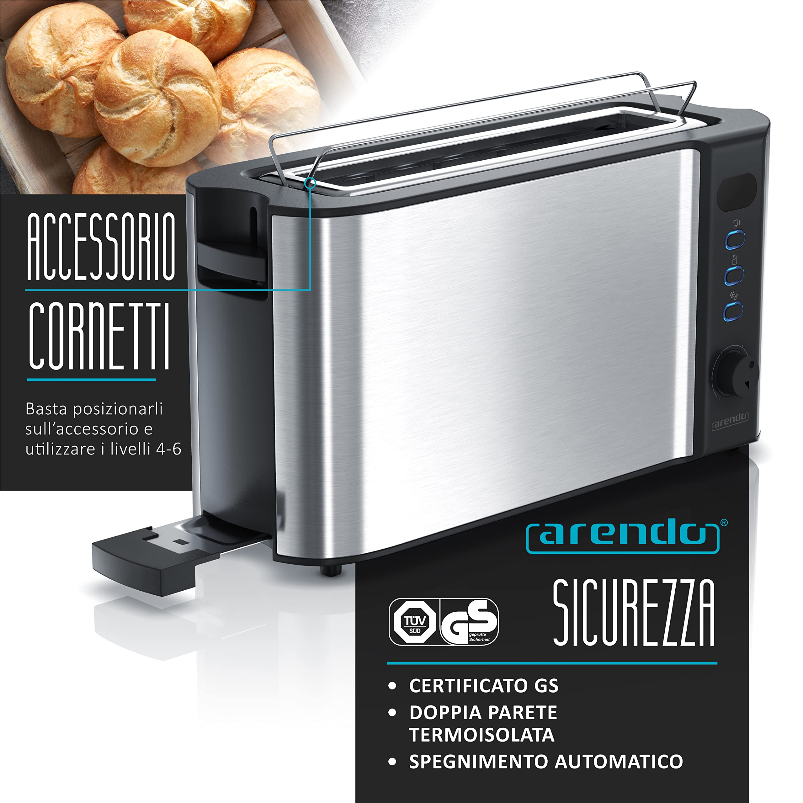 Arendo - Tostapane a fessura lunga 2 fette - Funzione scongelamento - 1000 W - Doppia parete - Accessorio scalda cornetto - Grado di doratura 1-6 - Display con indicatore del tempo rimanente - Argento