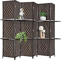Vista 9 de Divisor de habitación de 4 paneles, divisor de pantalla de madera plegable, separador de partición de madera con estantes de almacenamiento Negro