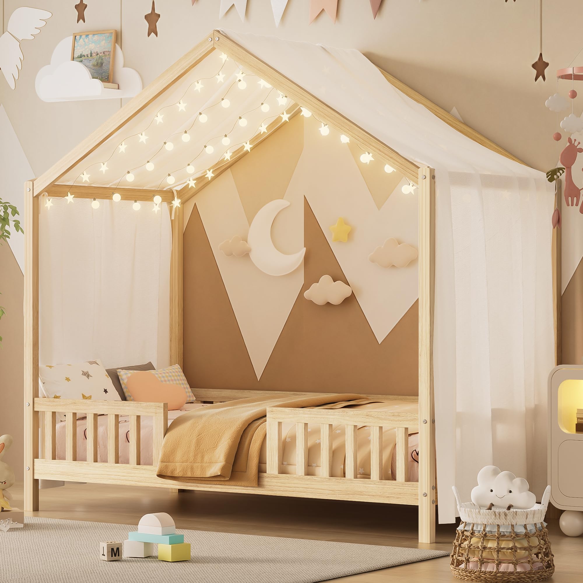 Floor Bed with Canopy, High Railings and Roof, Twin Size Wood House Bed Frame for Kids Bedroom (Natural/C2)