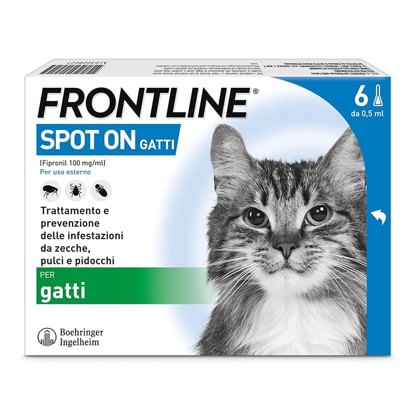 FRONTLINE Spot On, 6 Pipette, Gatto, Antiparassitario per Gatti e Gattini di Lunga Durata, Protegge da Zecche, Pulci e Pidocchi, Antipulci in Confezione da 6 Pipette da 0.5 ml