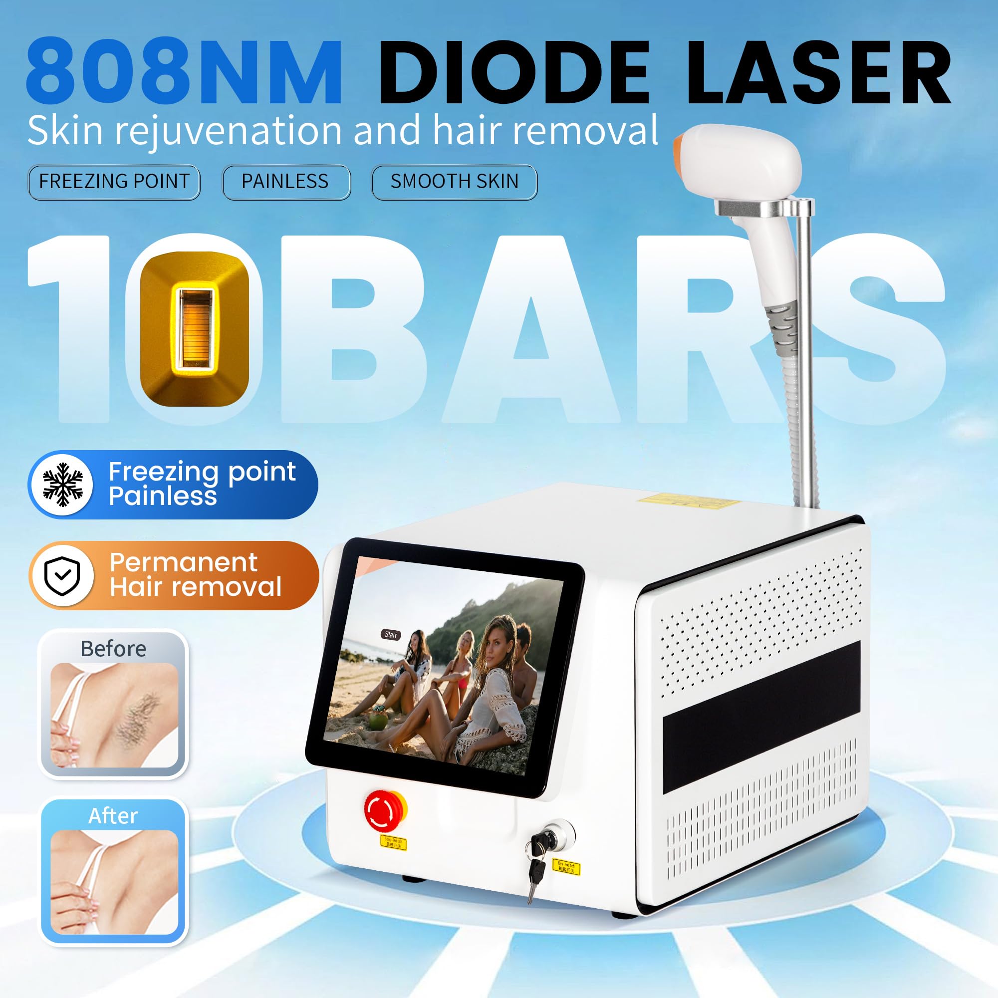 10 Bars, Depilatore Laser 808nm Professionale per Uso Domestico con Tecnologia Ice Cooling - Rimozione Permanente dei Peli, Indolore, 755nm+808nm+1064nm, per Viso, Corpo