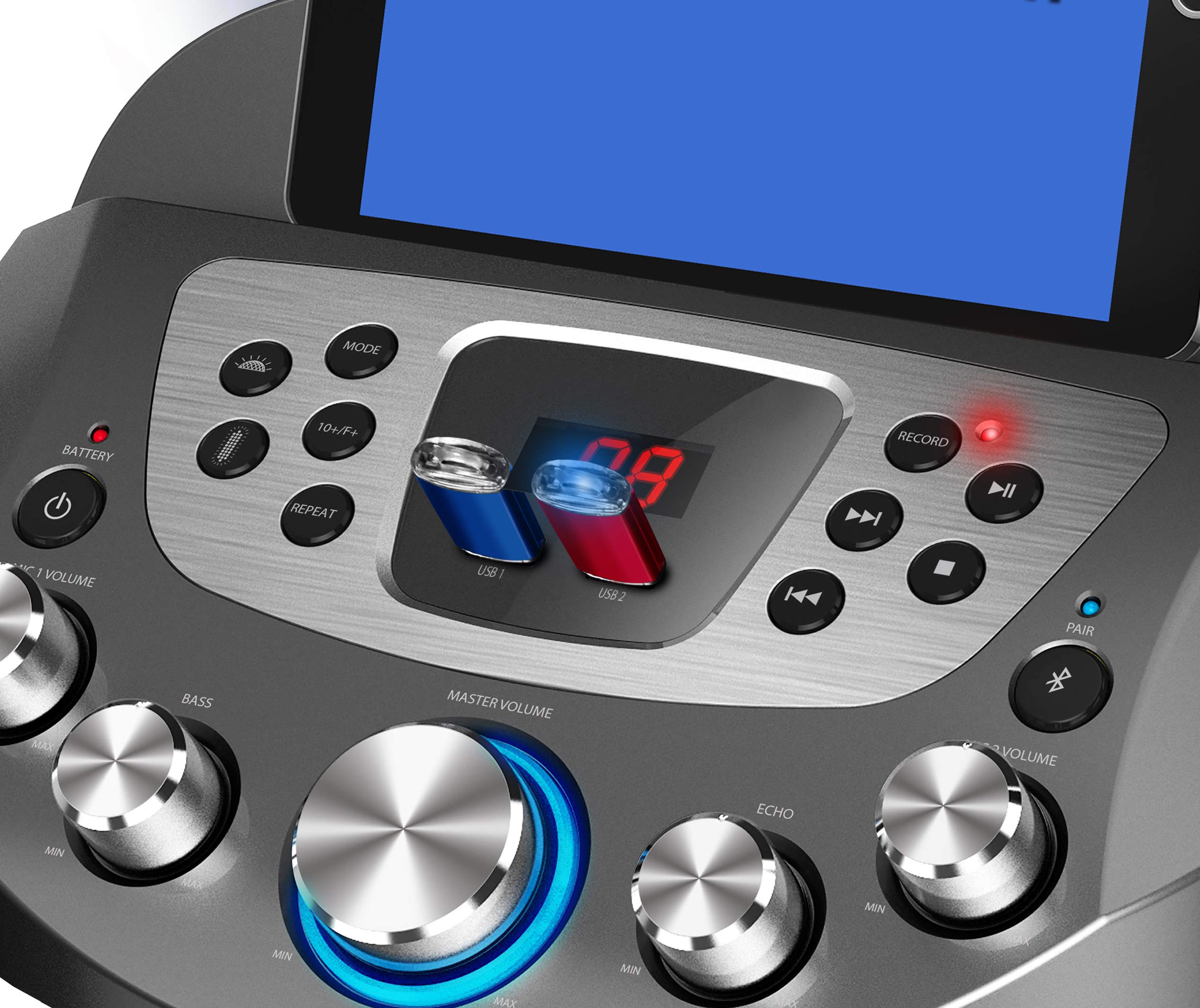 Starion KS829-B Bluetooth Karaoke Machine l Pedestal Design w/Light Show l 4 Built-in Speakers & 2 Tweeters l Two USB for Bluetooth / MP3 Record & Playback l Disco Ball Effect l Two Microphones 3