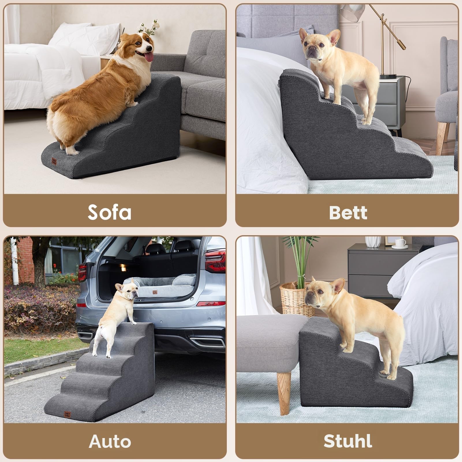 EHEYCIGA Hundetreppe für Kleine Hunde 40 cm Hoch, Haustiertreppe für Sofa Bett, Treppe für Hunde aus Hochdichtem Schwamm, Hunderampe mit Waschbarem Bezug und Rutschfestem Boden, 3 Stufen, Grau