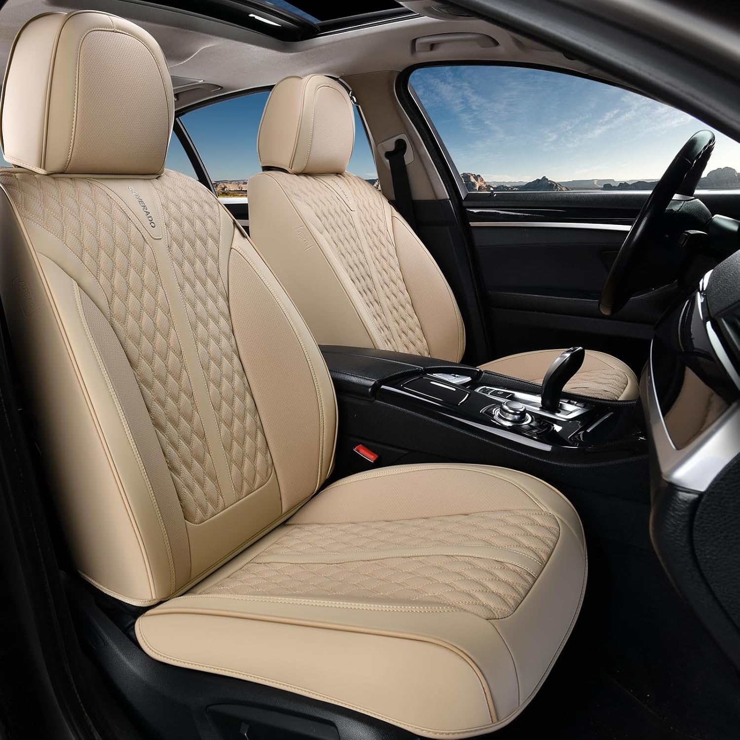 Coverado Seat Covers Front Seats, Waterproof Car Seat Covers, Luxury Leather Seat Covers for Cars, Automotive Seat Covers Leather Seat Cushion Protector Universal Fit Most Cars SUVs Trucks, Beige Beige Front