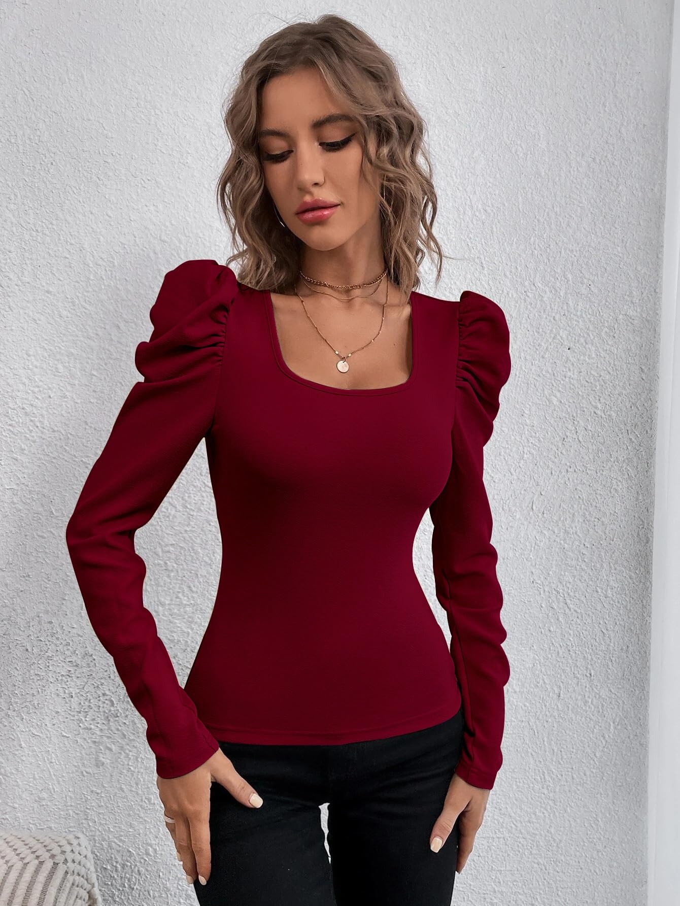 Camiseta Ajustada de Punto Acanalado Informal con Manga Larga y Cuello Cuadrado for Mujer Color Caqui pequeño