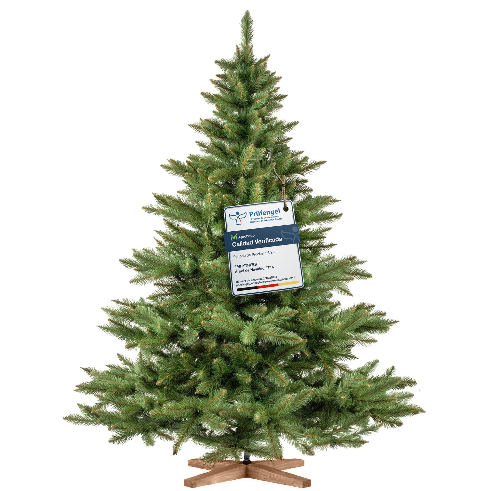FairyTrees Árbol Artificial de Navidad Abeto Nordmann, Tronco Verde, Soporte de Madera, 180cm, FT14-180