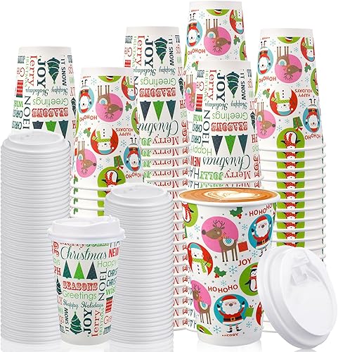 Miniatura 1 de Hotop Juego de 60 vasos de papel de Navidad de 16 onzas con tapas, vasos de papel desechables de Navidad, tazas de café, tanto calientes como fríos,