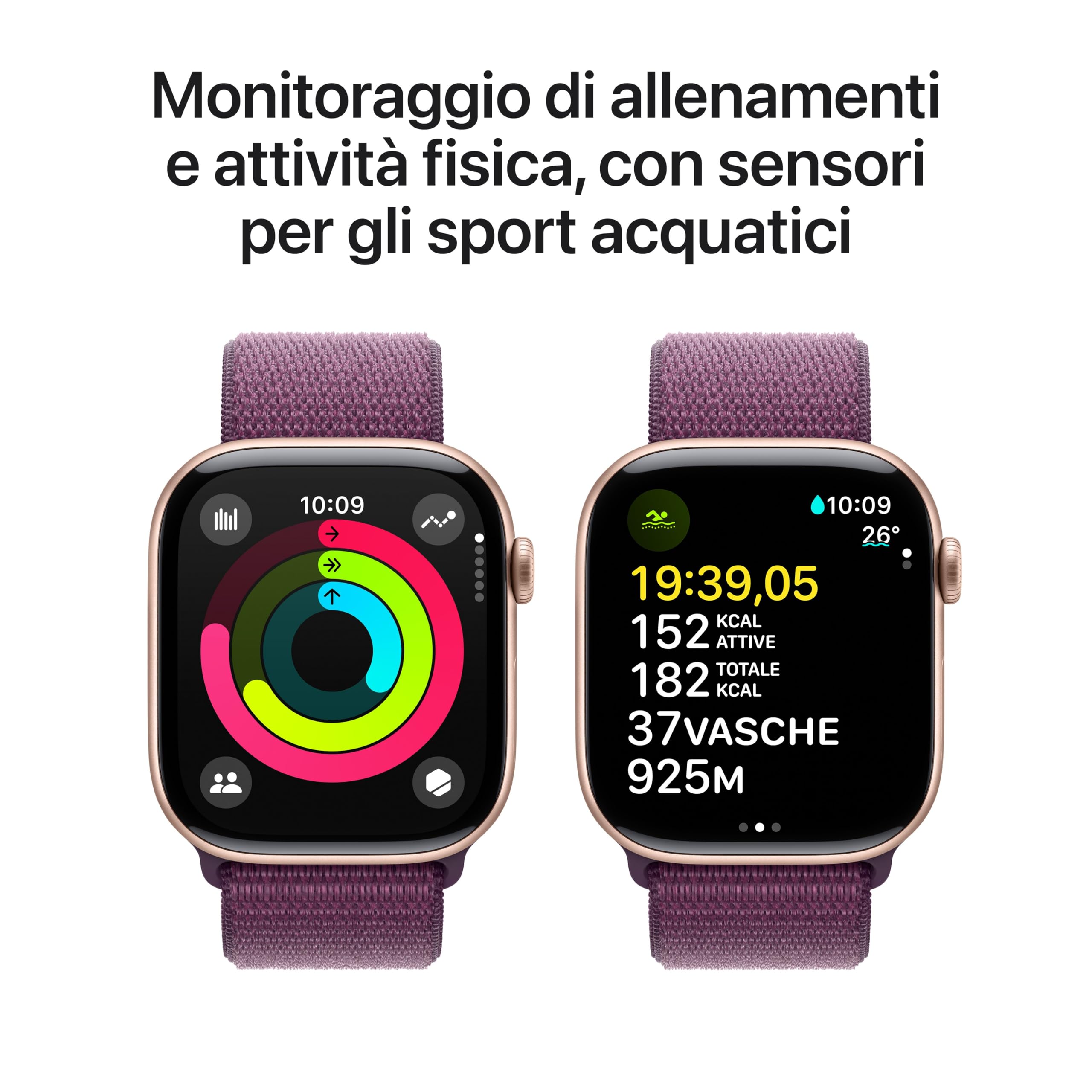 Apple Watch Series 10 GPS 46 mm Smartwatch con cassa in alluminio Oro rosa e Sport Loop Prugna - One Size. Fitness tracker, app ECG, display Retina always-on, resistente all’acqua