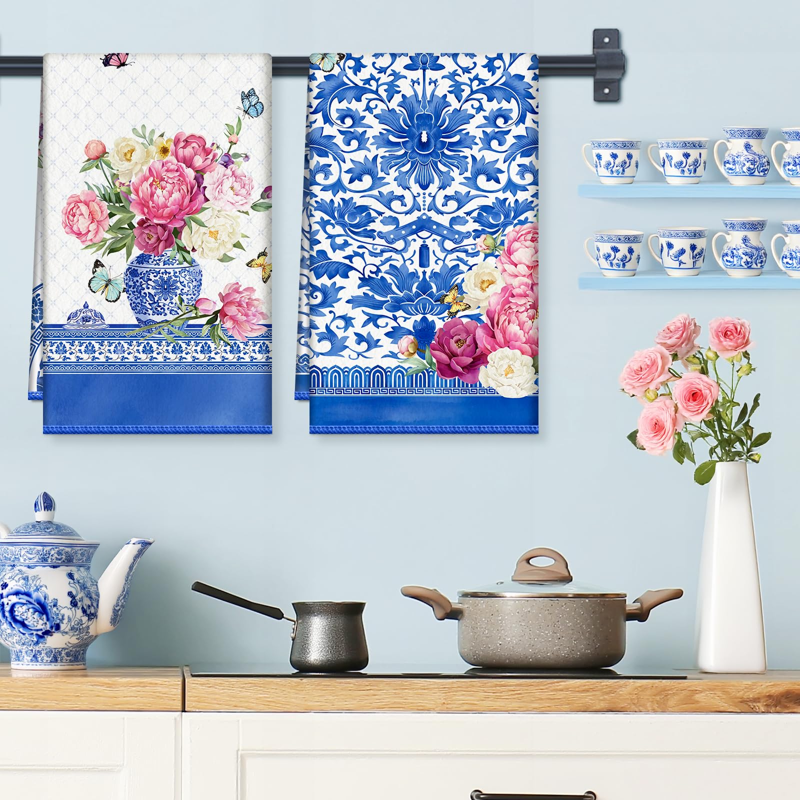 Arquiel Floral Microfiber Kitchen Towel 2Pcs, 40 × 60 cm Soft Absorbent Tea Towels - Image 3