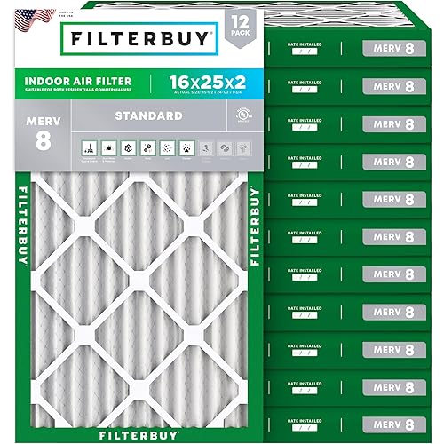 Filterbuy 16x25x2 Air Filter MERV 8 Dust Defense (12-Pack), Pleated HVAC AC Furnace Air Filters Replacement (Actual Size: 15.50 x 24.50 x 1.75 Inches)
