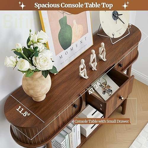 Miniatura 5 de Mesa consola de 47.2 pulgadas con cajones, mesa de entrada estrecha acanalada con puerta corrediza de tambor, mesa larga de madera para sofá detrás