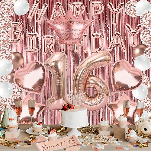 Miniatura 5 de Decoraciones de cumpleaños de 16 años decoraciones de cumpleaños de 16 años para niñas, pancarta de feliz cumpleaños, cortinas, decoración de