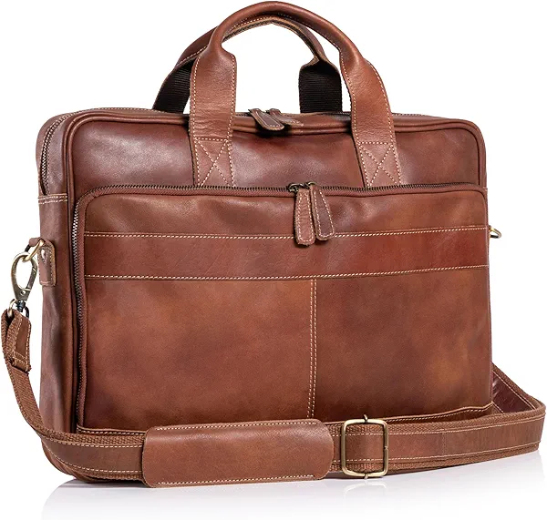 KomalC 16 Inch Leather briefcases Laptop Messenger Bags for Men and Women Best Office Satchel Bag (Tan)
