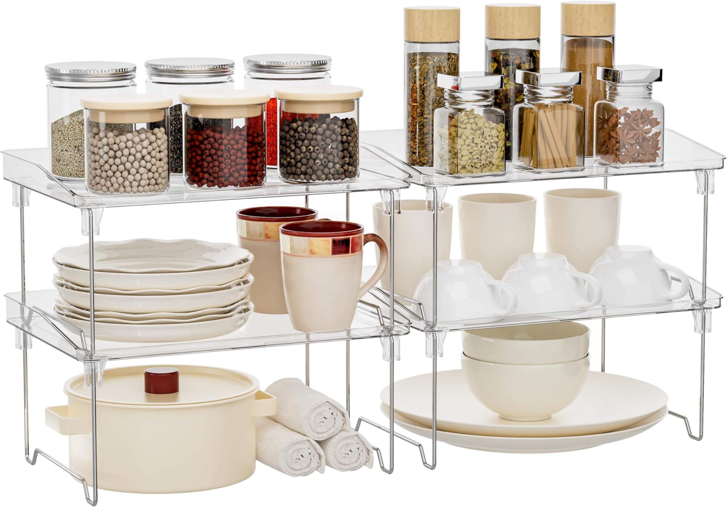 STARLATTA Acrylic Cabinet Organizer Shelf,4 Pcs Stackable Kitchen Counter Shelves,Spice Rack,Countertop Organizers,Clear Plastic Storage Organization for Makeup，Bathroom,Cupboard,Desk,Pantry