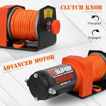 ZESUPER 2500 lb 12V DC Electric Winch 30 ft Synthetic Rope Off Road Waterproof UTV ATV Boat Winch Kits with Wireless Remote,Handheld Switch | Wireless Remote Handheld Switch Waterproof Winch Kit for Off-road Towing, Easy Install, Auto Brake Safe Durable Trailer Winch