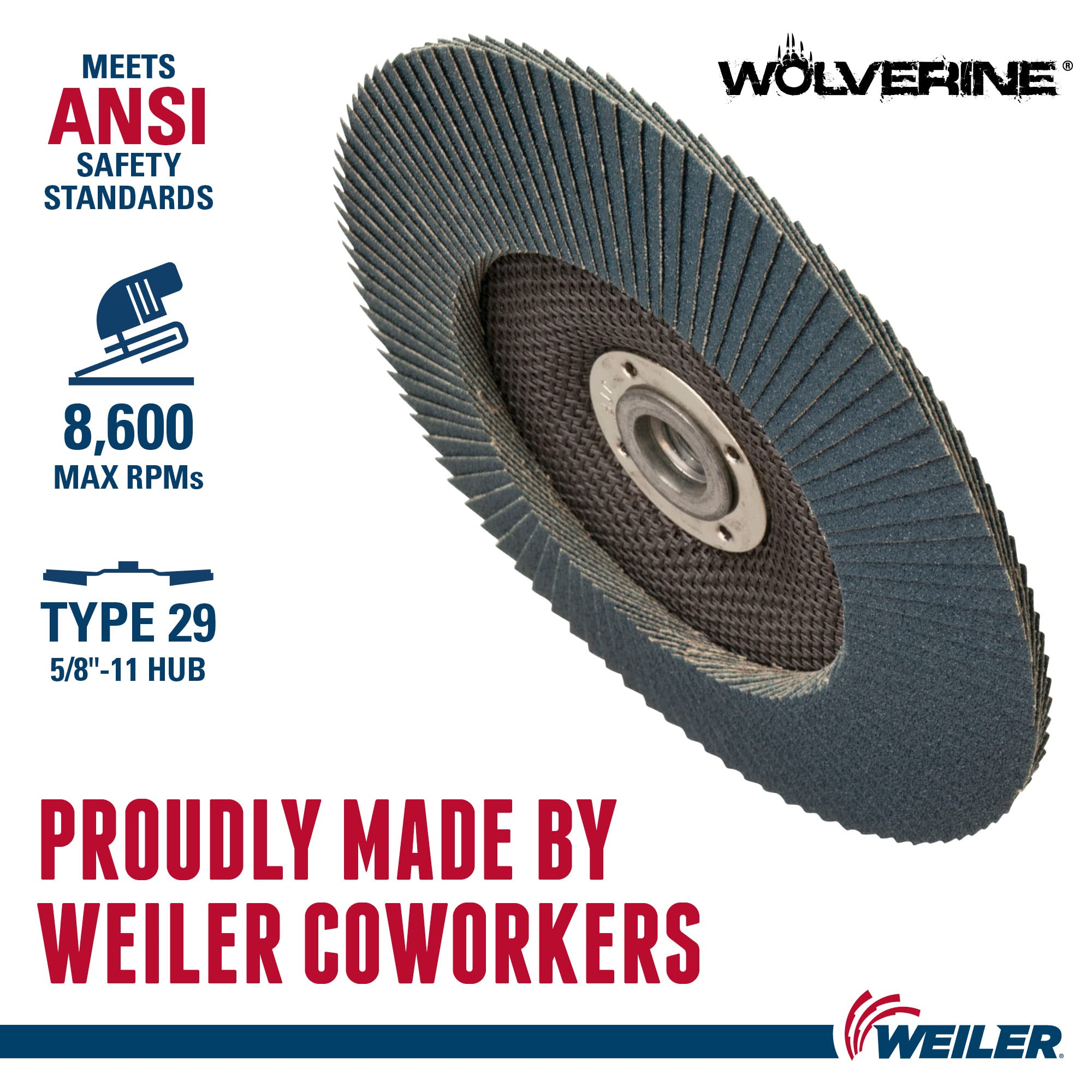 Weiler 31367 Wolverine 5/8"-11 Arbor, 7" Diámetro, Grano 36, Circonio, Parte trasera fenólica, Disco abrasivo en ángulo