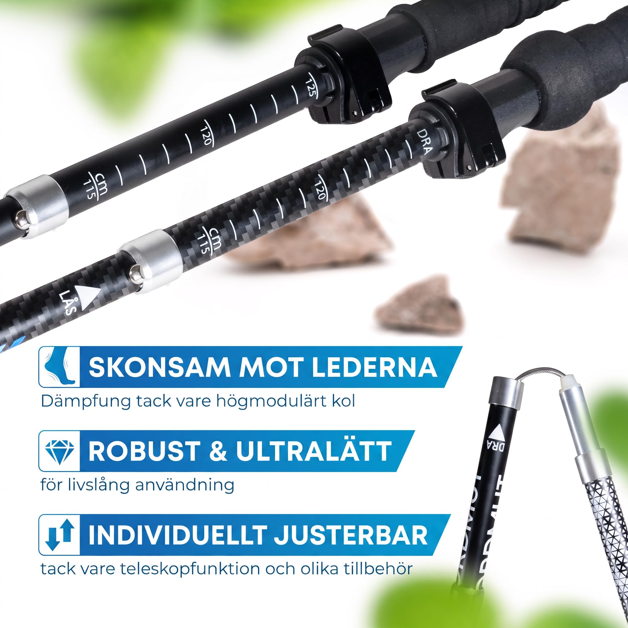 NORDMUT® Kijki trekkingowe składane, ultralekkie kijki do nordic walkingu, dla kobiet i mężczyzn, wysokiej jakości kijki trekkingowe, z aluminium [z zestawem gumowych zderzaków]