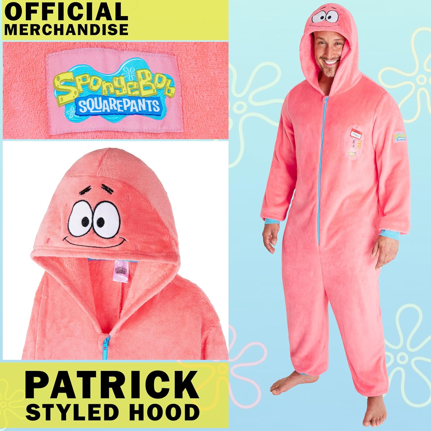 SPONGEBOB SQUAREPANTS Men's Hooded Fleece One Piece Pajama Jumpsuit - Cozy Sleep and Downtime Loungewear for Fans - Image 4