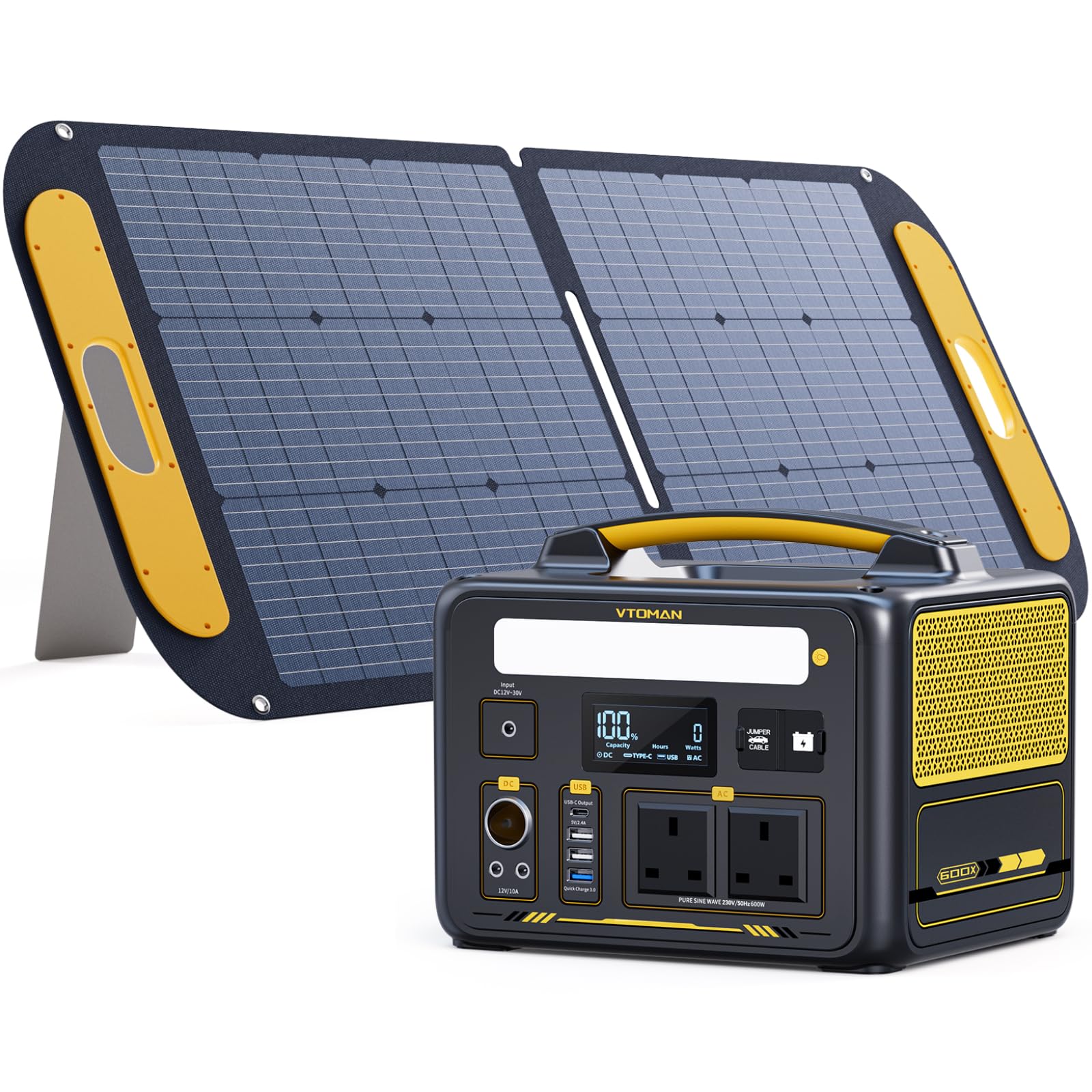 Vtoman Yellow Jump 600X Portable Power Station With 110W Solar Panel - 600W/299Wh Lifepo4 Battery Solar Generator With 600W Constant-Power, Pd 60W Type-C, Capacity Expandable For Camping, Home Backup