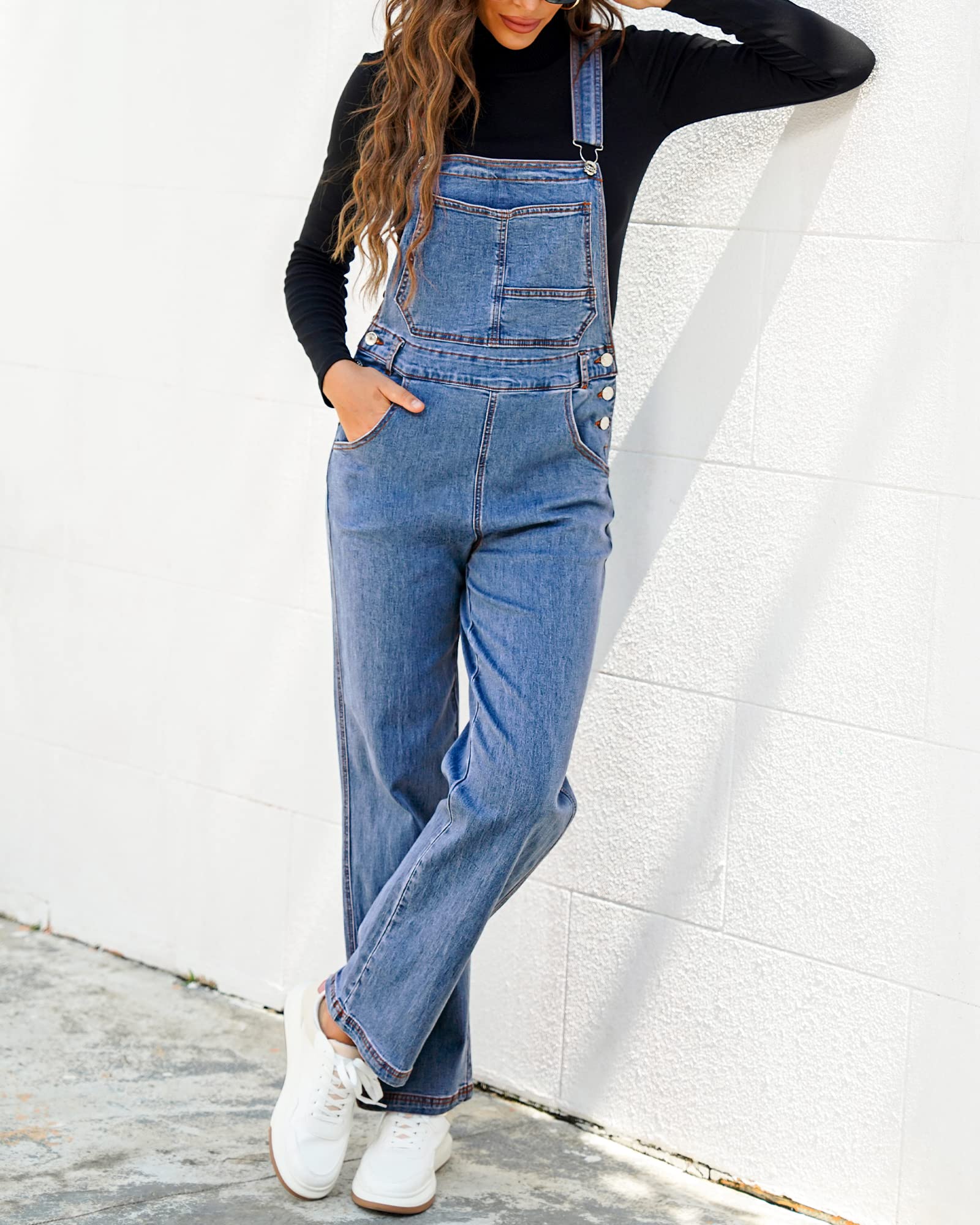 Roskiky Salopette en jean pour femme - Coupe ample - Coupe ample - Coupe droite - Jambes larges - Stretch - Mode