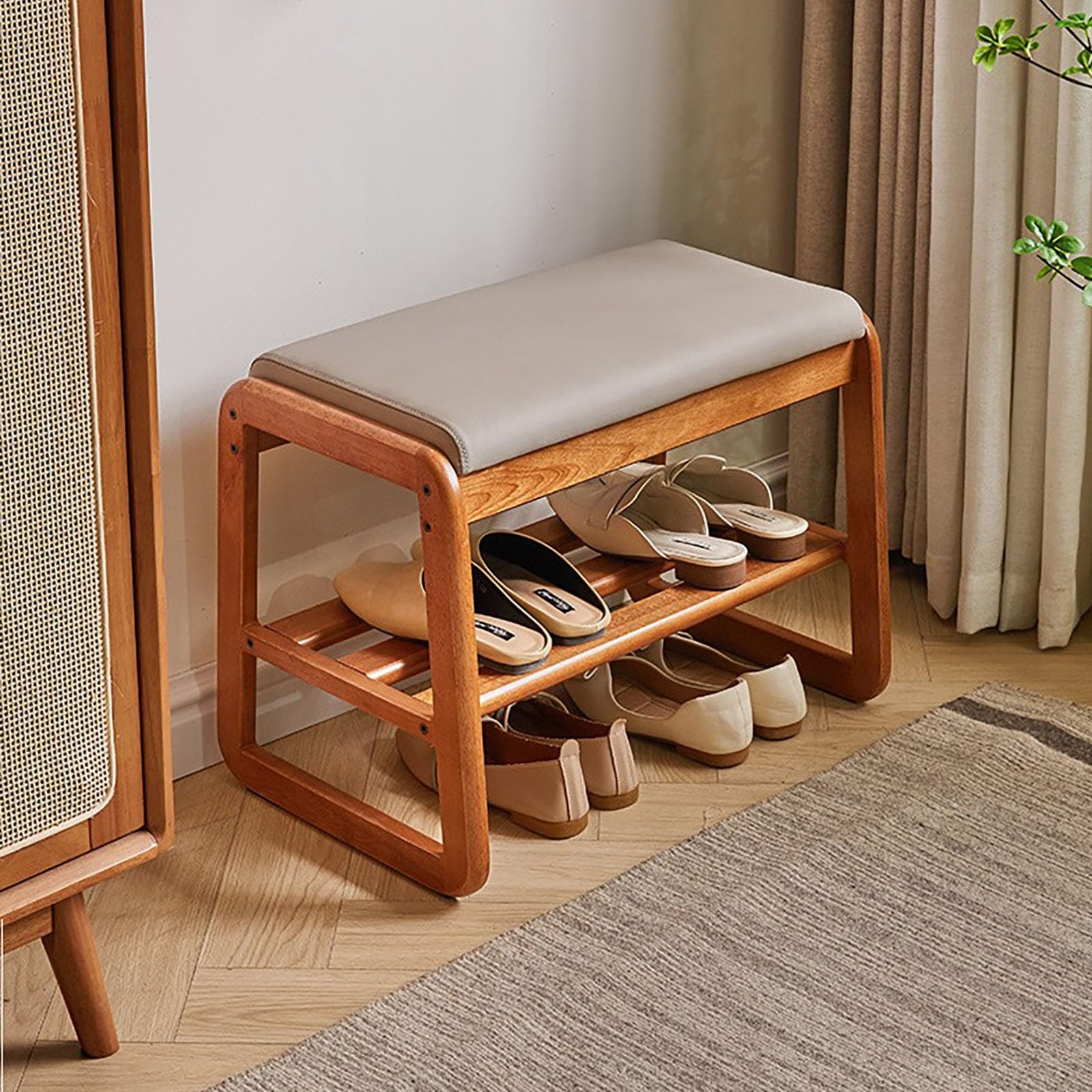 Banc d'entrée rembourré avec meuble à chaussures en bois