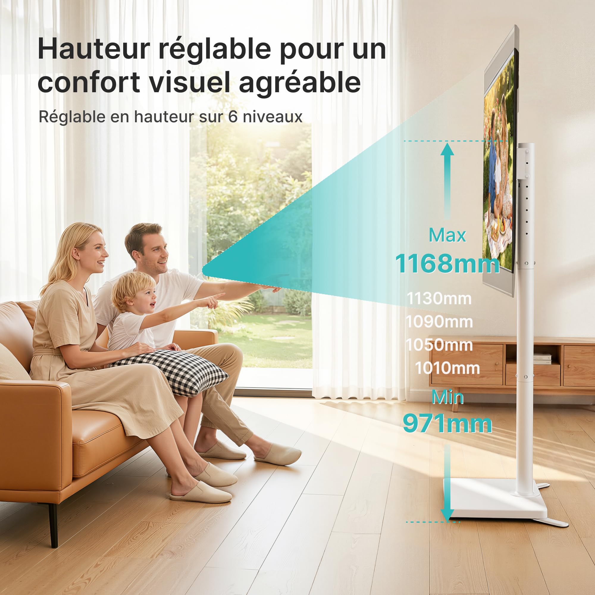 PEGZONE Support TV Pivotant sur Pied pour 24 à 65 Pouces, Blanc | Support TV Universel, Rotation 90°, Hauteur Réglable, VESA 400 × 400 mm, jusqu'à 40 kg, Gain de Place