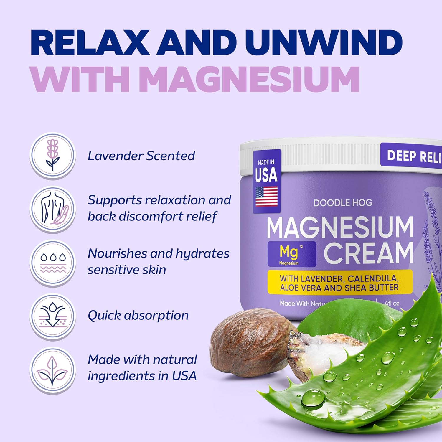 DOODLE HOG Magnesium Cream for Pain, Deep Relief for Muscles & Joints with Calendula, Aloe Vera and Shea Butter, Topical Magnesium Lotion for Sleep, Safe for Kids (4 oz, Lavender) - Image 2