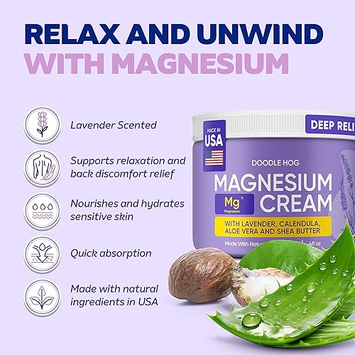 Miniatura 2 de DOODLE HOG Crema de lavanda y magnesio, alivio calmante y pies, rodilla, crema relajante muscular con caléndula, aloe vera, manteca de karité