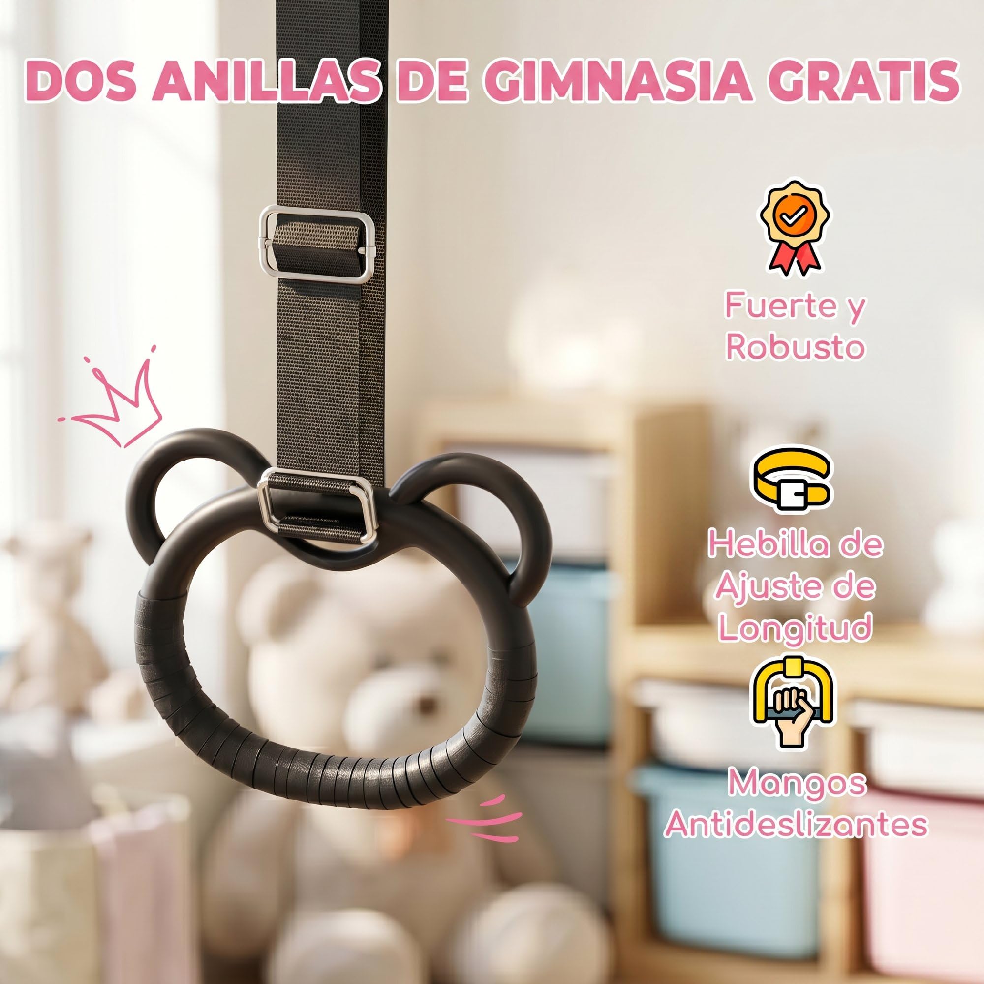 HOMCOM Barra de Gimnasia Plegable para Niños con Altura Ajustable 5 Niveles y Anillos