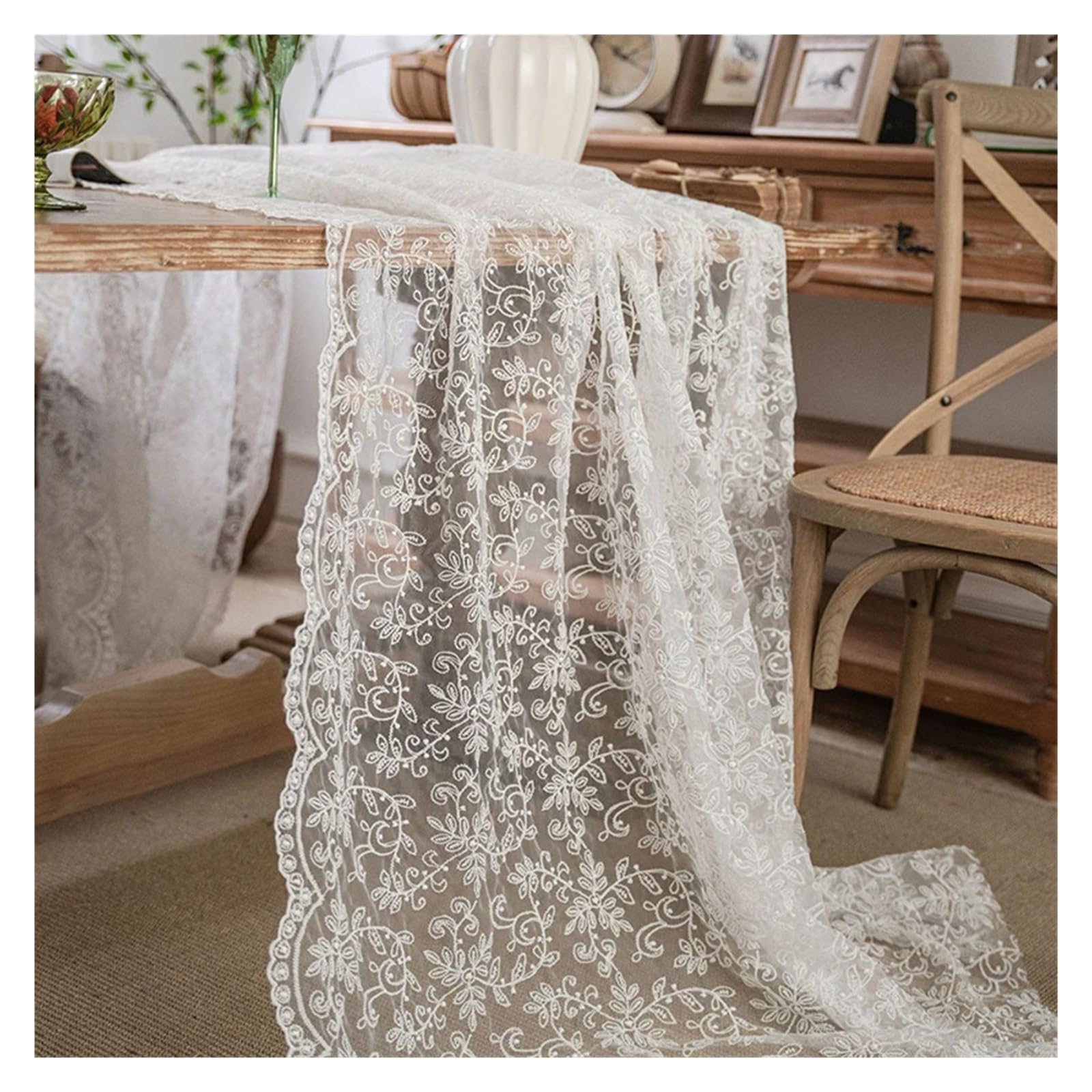 NJIEzhao Embroidered Lace Tablecloth White Lace Tablecloth Leaves Vintage Table Cover Farmhouse Embroidery Eyelash Tablecloths(130x300cm 1pc)