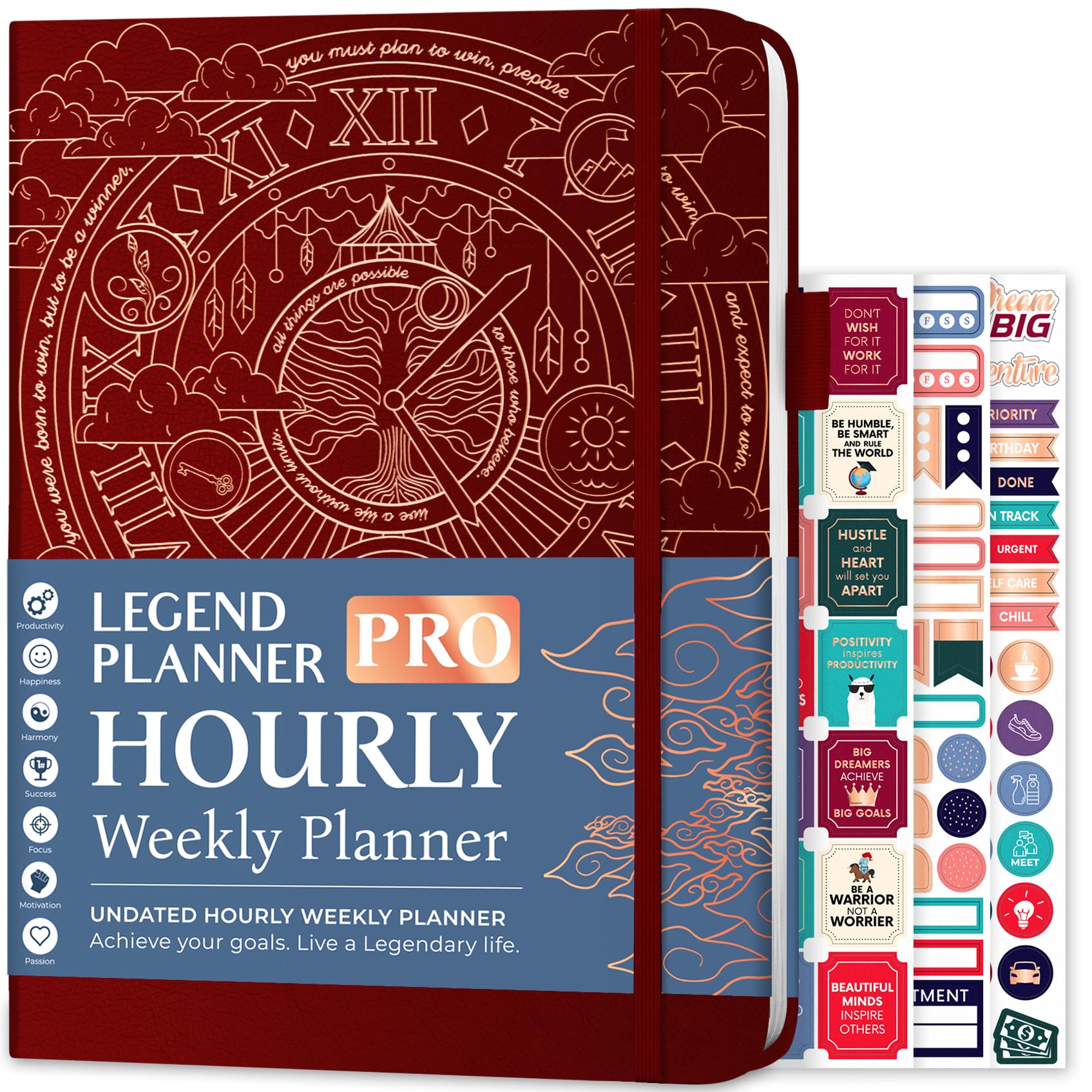 Legend Planner PRO Hourly Schedule Edition - Undated Deluxe Weekly & Daily Organizer with Time Slots. Time Management Appointment Book Journal for Work & Personal Life, A4 size Hardcover (Wine Red