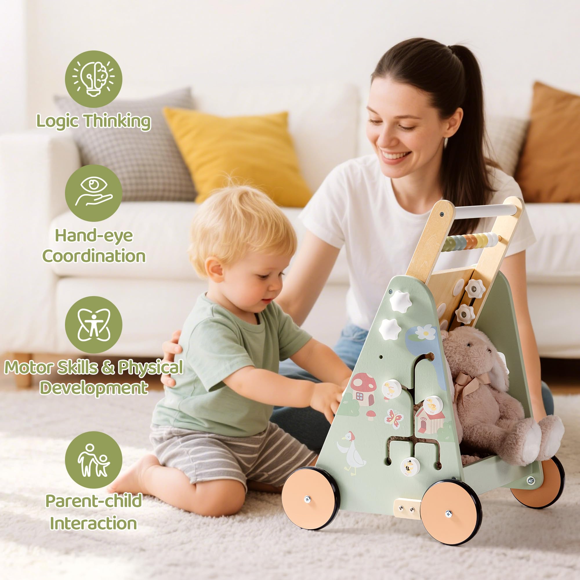 ROBUD Andador de madera para bebés para niños pequeños, juguete multifuncional 8 en 1 con centro de actividades, gran espacio de almacenamiento, control de altura y velocidad, andador educativo de