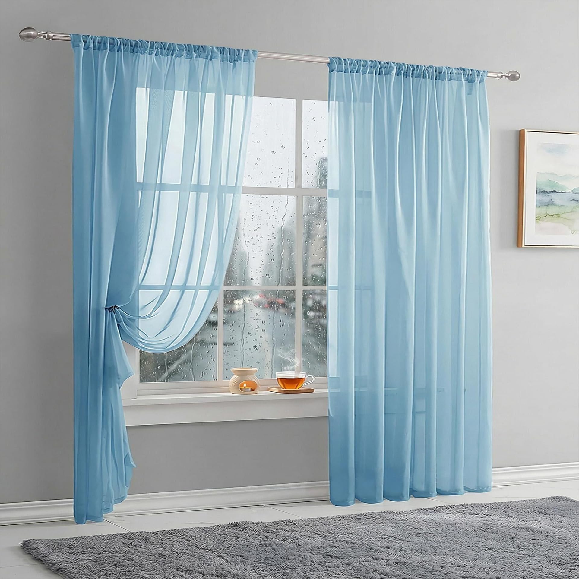AMZYU Voile Curtains Sheer 2 Panels 210 x 130 cm Semi Transparent Rod Pocket Sheer Curtain Airy & Lightweight Elegant, Machine Washable for Bedroom and Kitchen, Sky Blue