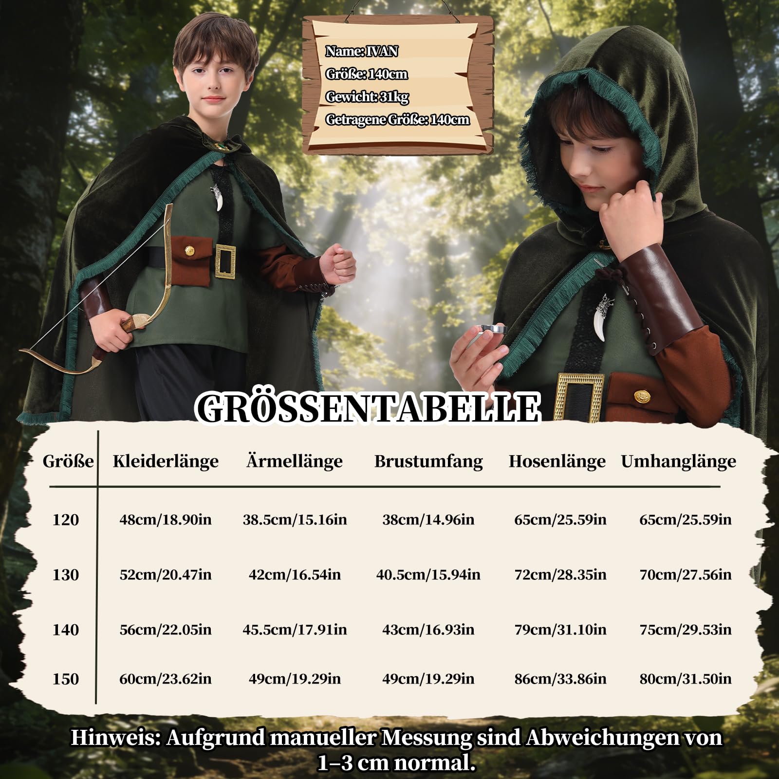 Charmofun Robin Hood Kostüm Kinder, Bogenschütze Mittelalter Outfit für Jungen mit Umhang, Hemd, Hose, Leder-Armschützer, Beinschützer, Halskette und Kompass, Karneval Rollenspiel 4-12 Jahre
