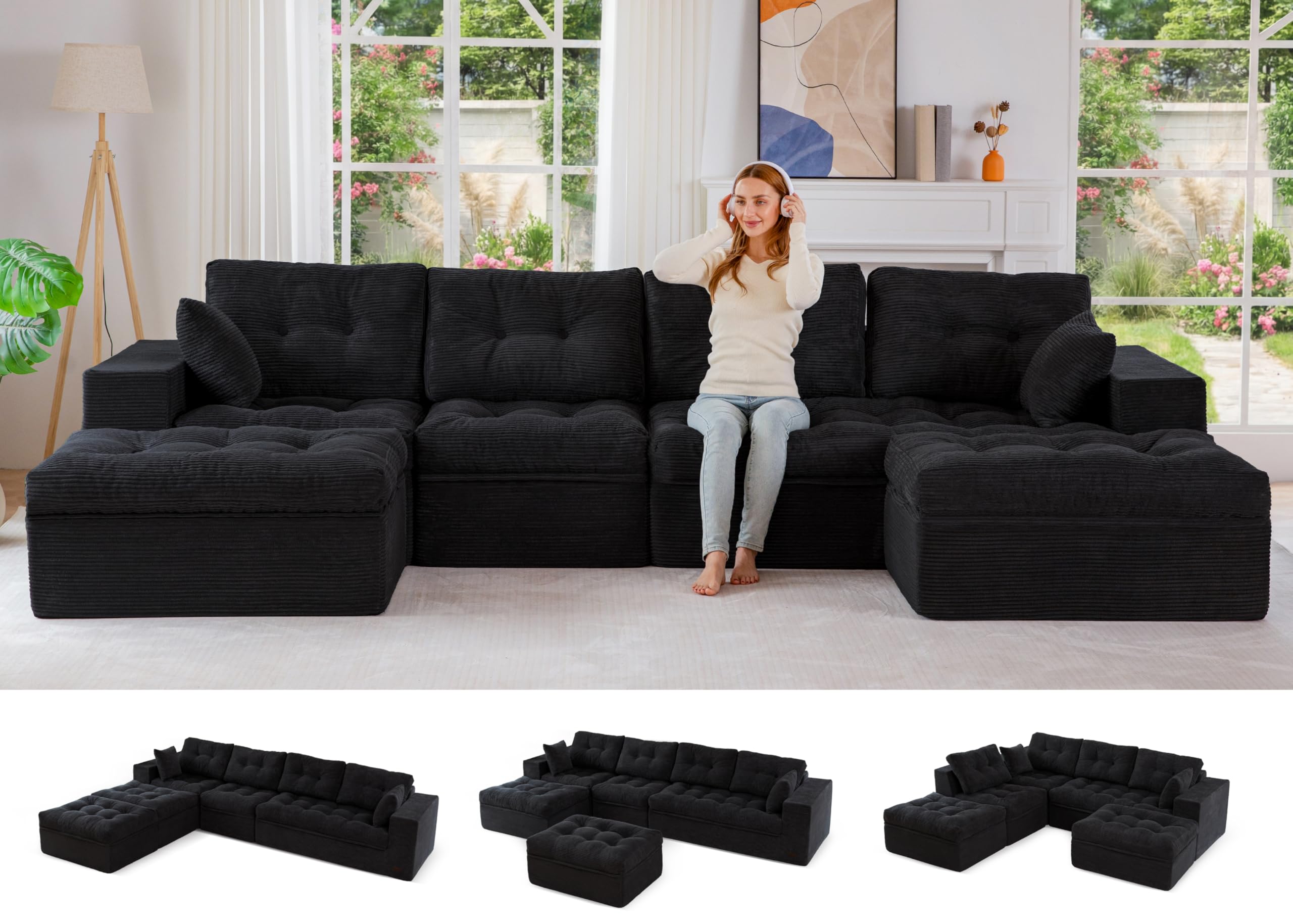 MAXYOYO Boneless Couch, 132-Inch U-Shaped Cloud Couch with Ottoman
