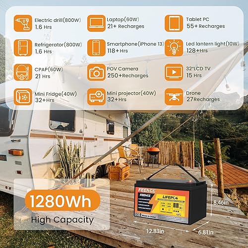 Miniatura 5 de 12V 100Ah Baterías de litio LiFePO4, BMS inteligente de 100A incorporado, batería de fosfato de hierro de más de 8000 ciclos profundos, con
