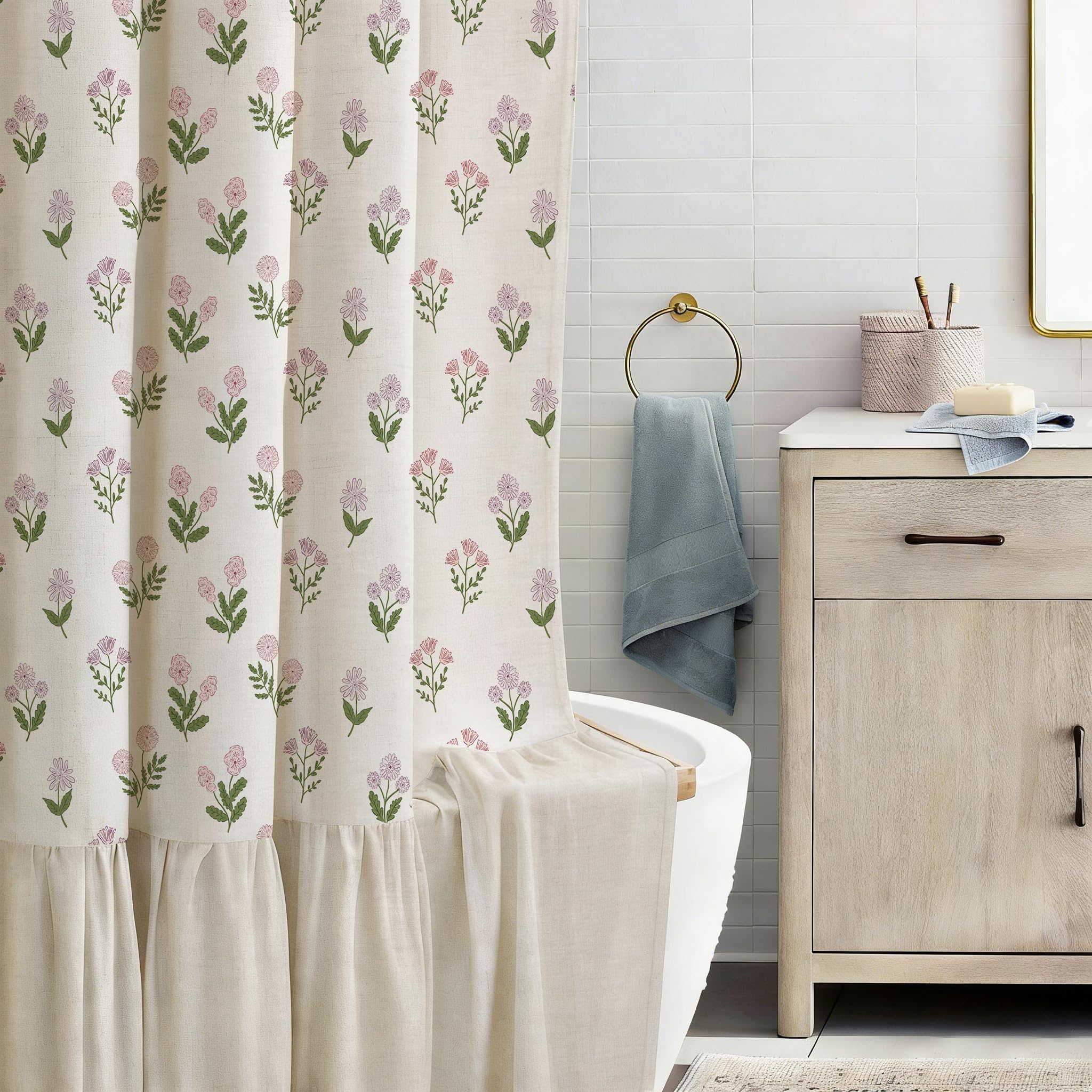 ORTIGIA Linen Textured Ruffle Shower Curtain 72x72 Inch with Metal Hooks, Vintage Pink Floral Flowers Block Print Boho Waterproof Bath Curtain for Rustic Farmhouse Bathroom Decor