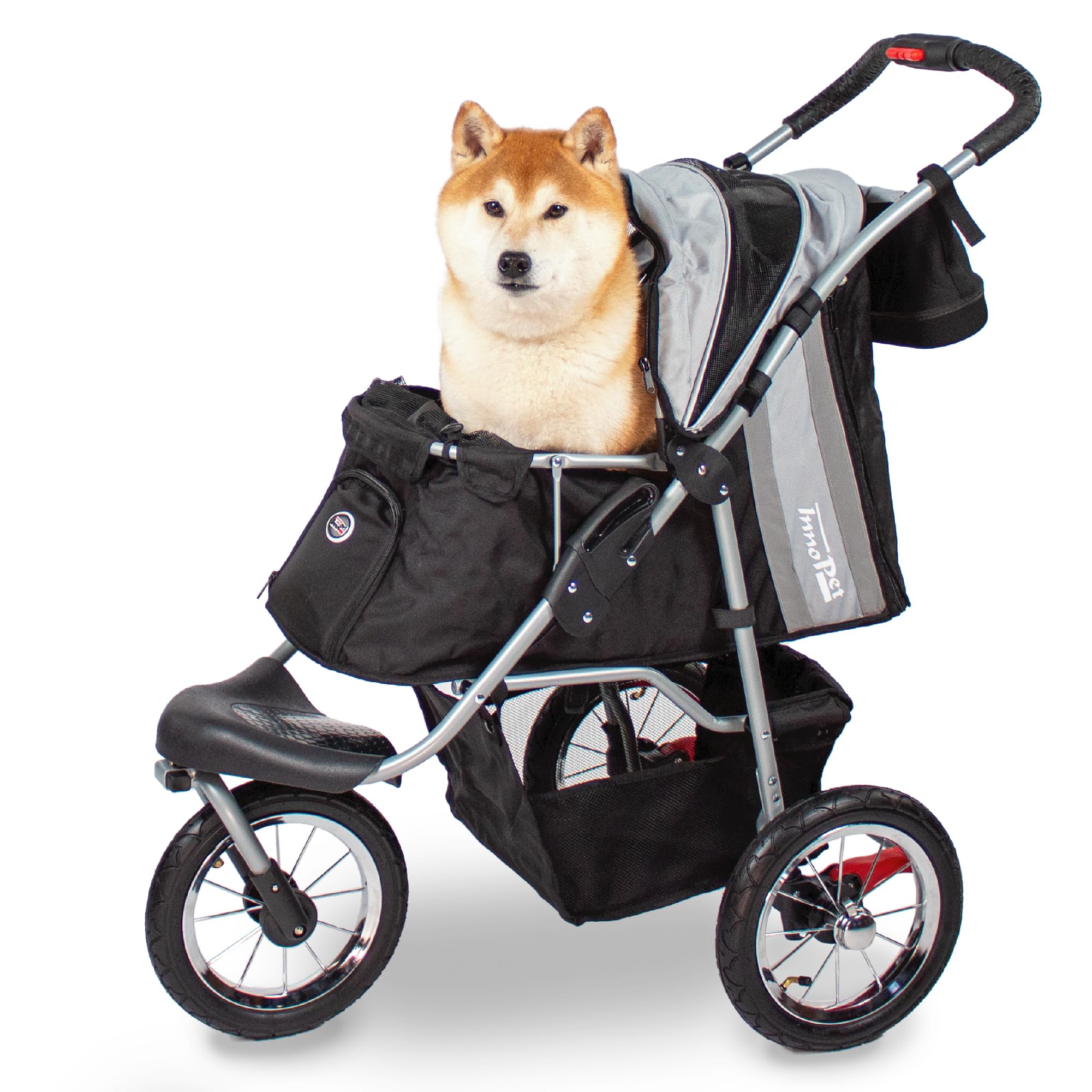 Poussette Innopet Comfort Air Eco pour chiens et chats, noir/argent - Avec pneus pneumatiques de 12 pouces - Pliable d'une seule main - Organiseur de rangement - Tissu en nylon recyclé