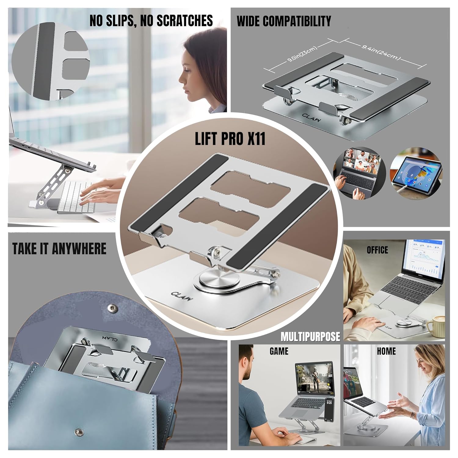 CLAW Lift Pro X11 Laptop Stand with 360° Rotating Base, Multi-Angle Adjustment, Heavy-Duty Steel Frame, Anti-Slip Silicone Pads, Foldable Design, Supports Up to 17-Inch Laptops & 8KG Load – Black 27 81w8RD6opKL. SL1500
