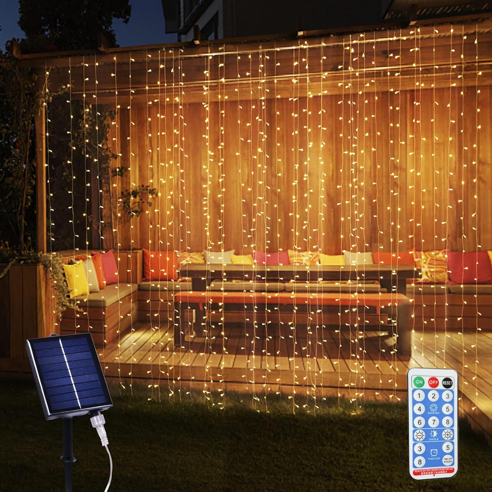 XINXIANLIAN 300LED Solar Curtain Lights Outdoor Indoor 8 Modes Solar Fairy Curtain String Lights Waterproof Twinkle Lights for Home Garden Patio Gazebo(): Warm White