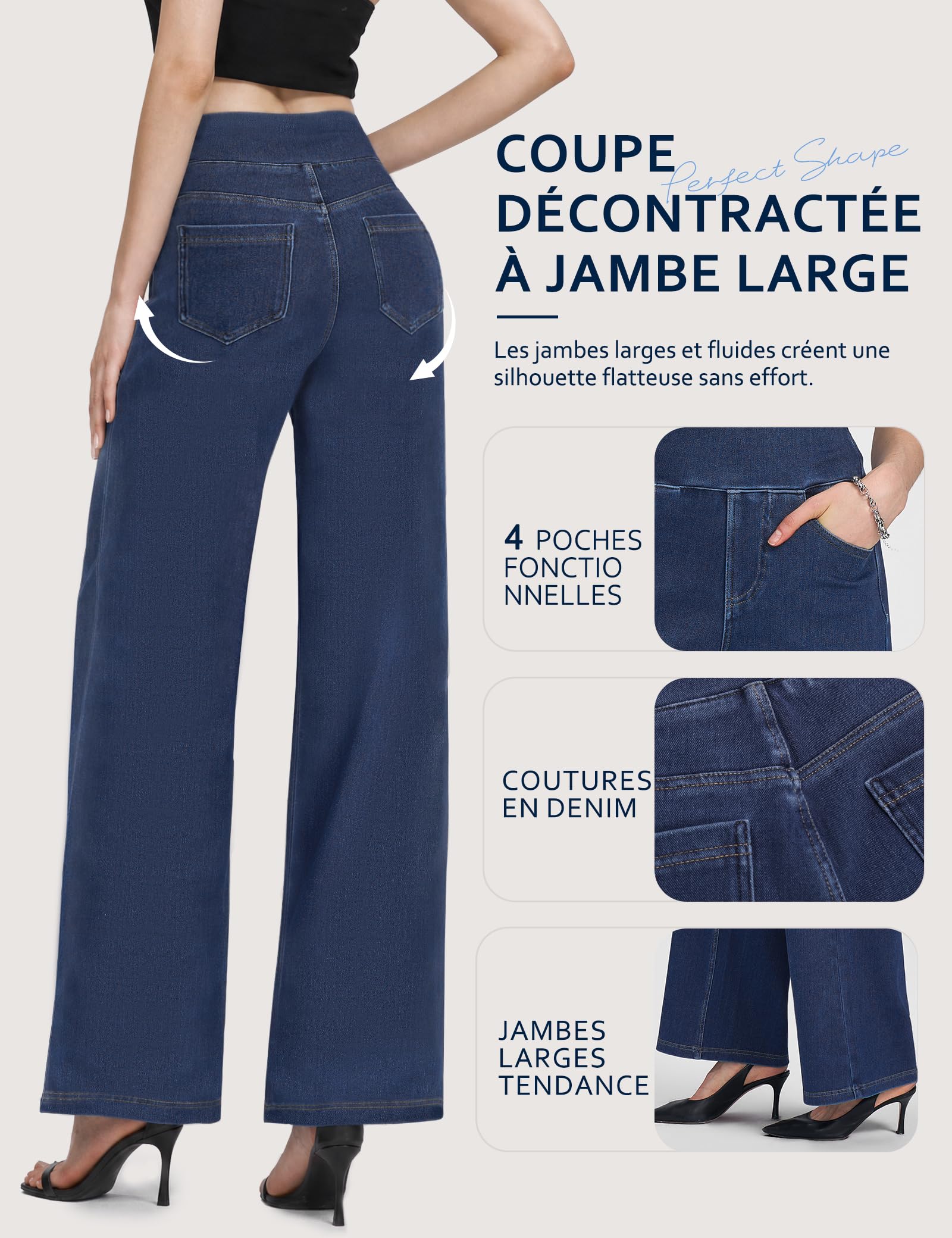 Jean Femme,Pull on Wide Leg Taille Haute Jeans