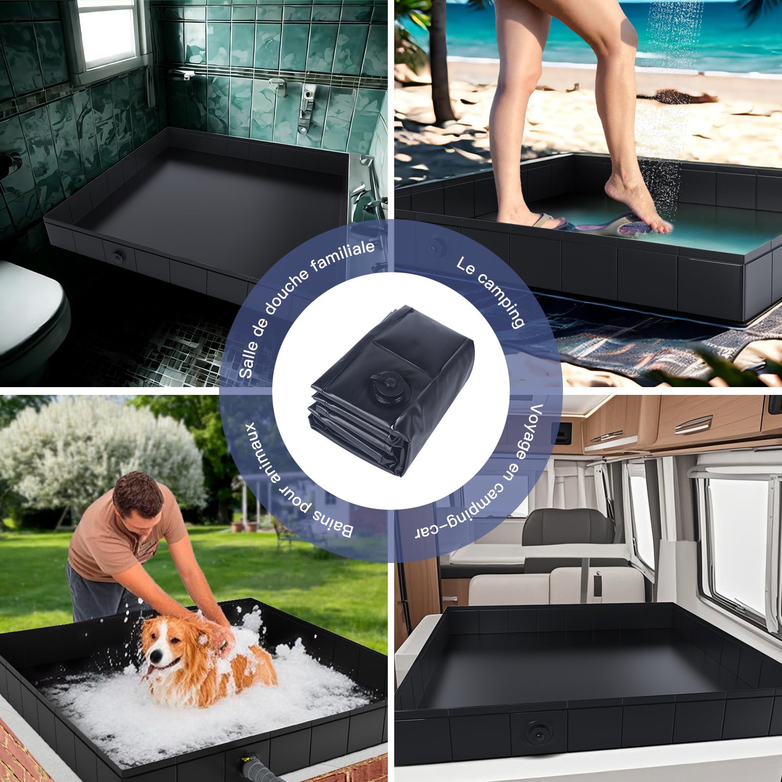 Spopal Pliable Base de Douche,[Pliable-104x104x13cm] Bac de Douche Portable,Base de Douche Pliable et Sol de Lavabo avec Tuyau de Vidange Amovible, pour Camping-Car, Extérieur, Intérieur (Noir)