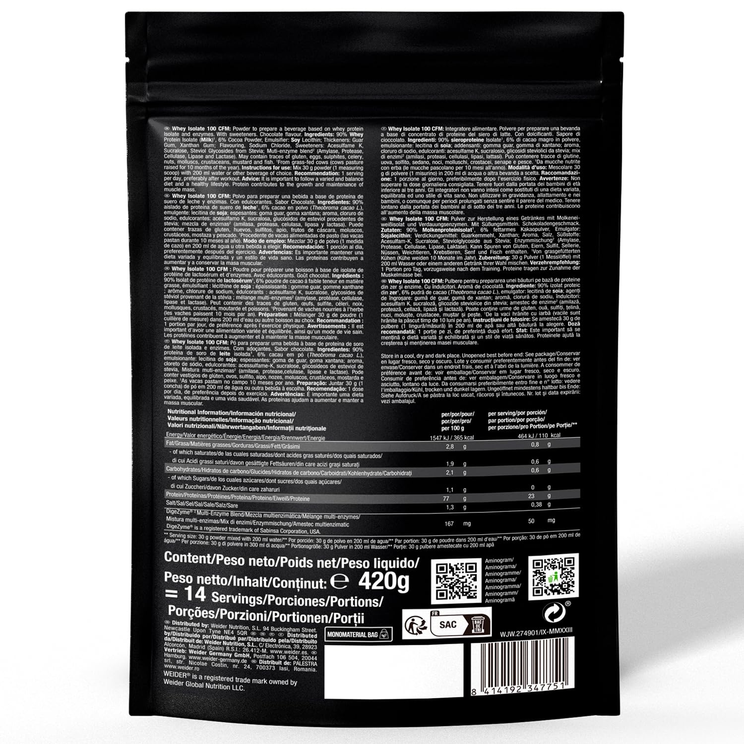 Weider Isolate Whey 100CFM (420g) Goût Chocolat, 100% Isolat de Protéines de Lactosérum 23g /Portion, Avec Enzymes Digestives, Sans Sucres Ajoutés, ni Aspartame, Faible teneur en Graisses, 14 portions