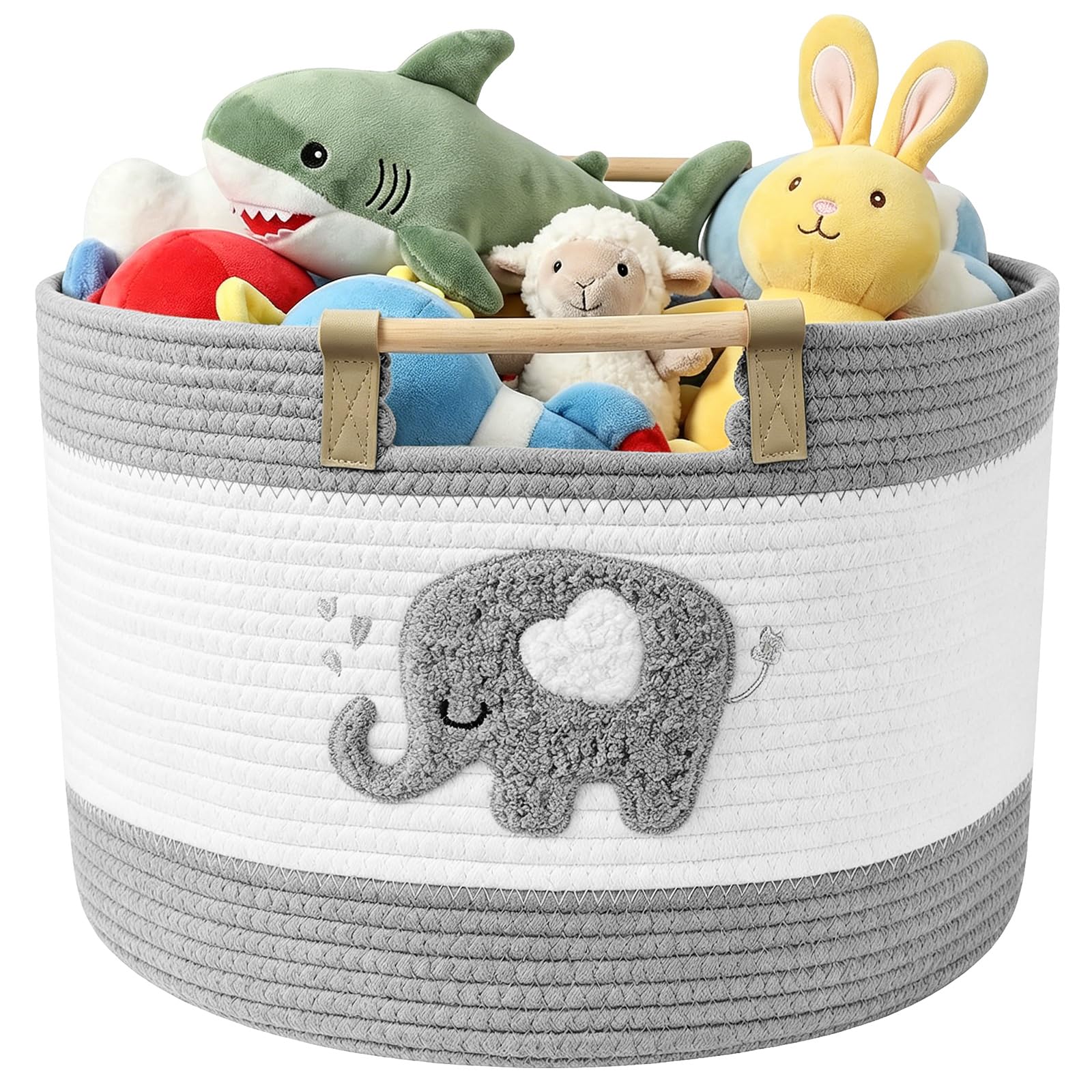 Toy Storage Basket with Wooden Handles, 19 L Woven Cotton Rope Storage Basket with Elephant Decor, Multifunctional Baskets for Stuffed Animals, Toys Organizer Baskets for Bedroom, Laundry, Nursery
