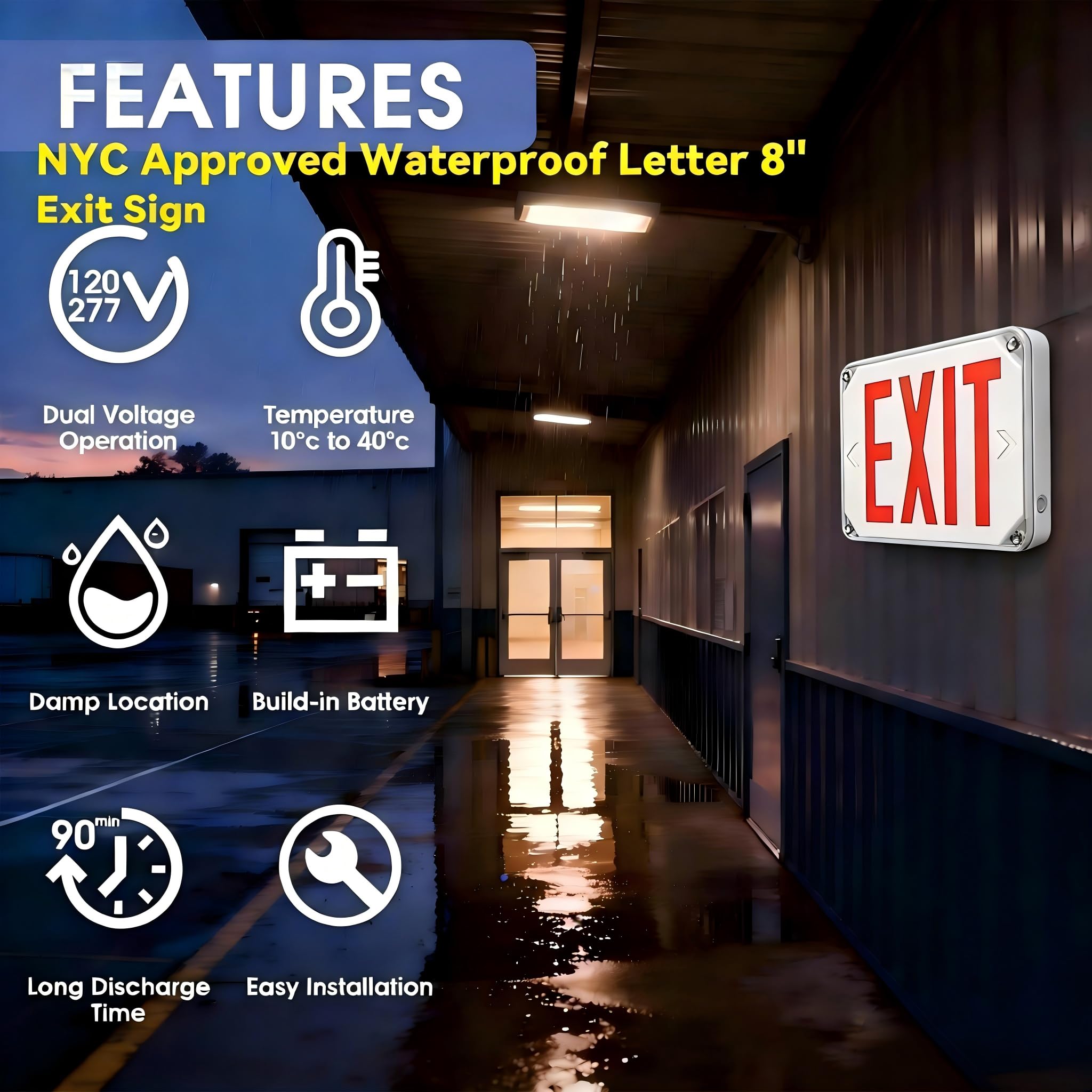 Señal de salida de emergencia impermeable aprobada por NYC con batería de respaldo, rojo, duración de 90 minutos, voltaje universal (120-277 VAC), letra de 8 pulgadas de altura, respaldo de