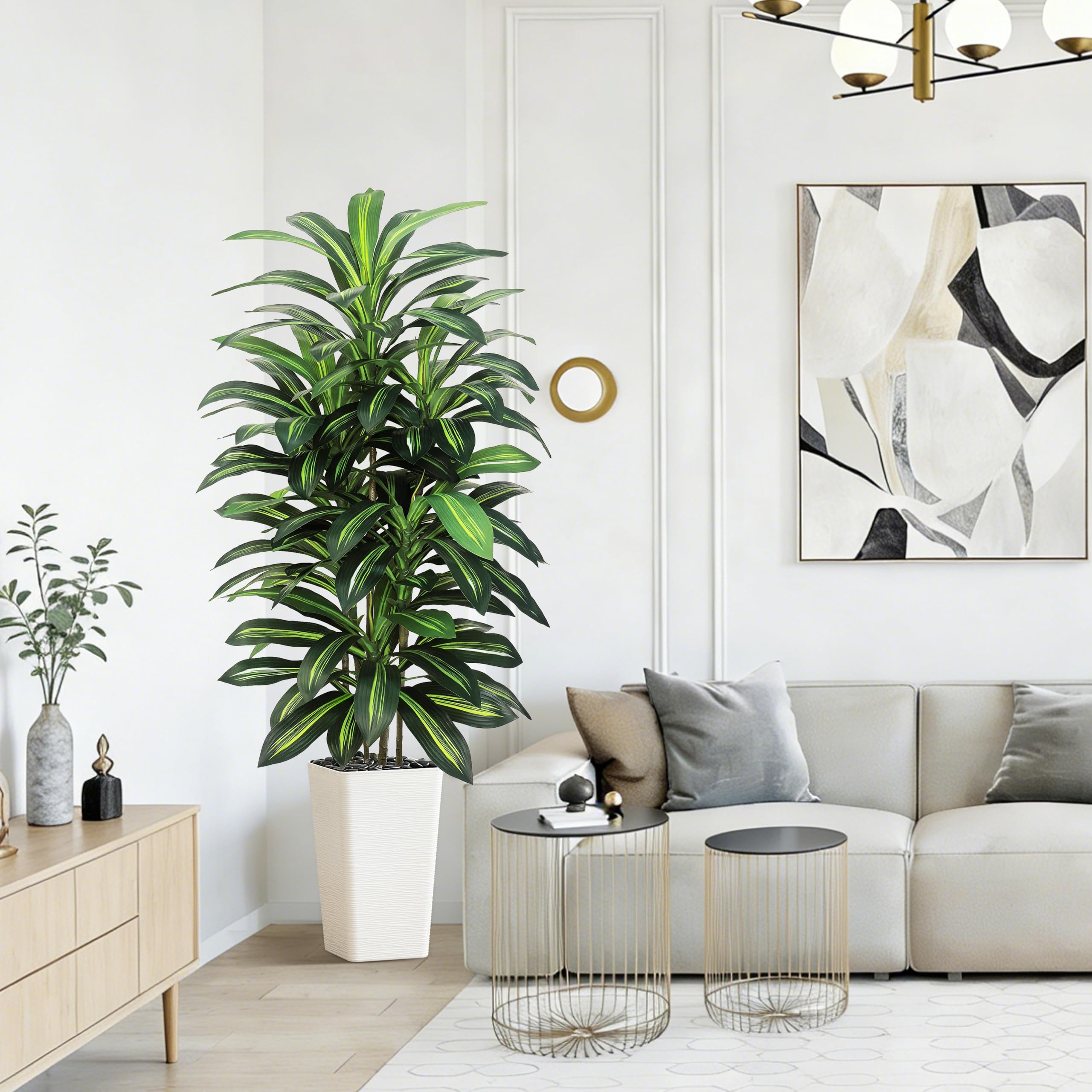 Künstliche Drachenbaum Pflanzen 180cm, Kunstpflanzen Groß mit Weißem Topf | Kunstbaum mit 120 Blätter und Kieselsteine, Fake Pflanzen für Zimmer Wohnzimmer Schlafzimmer Büro Terrasse Balkon Garten