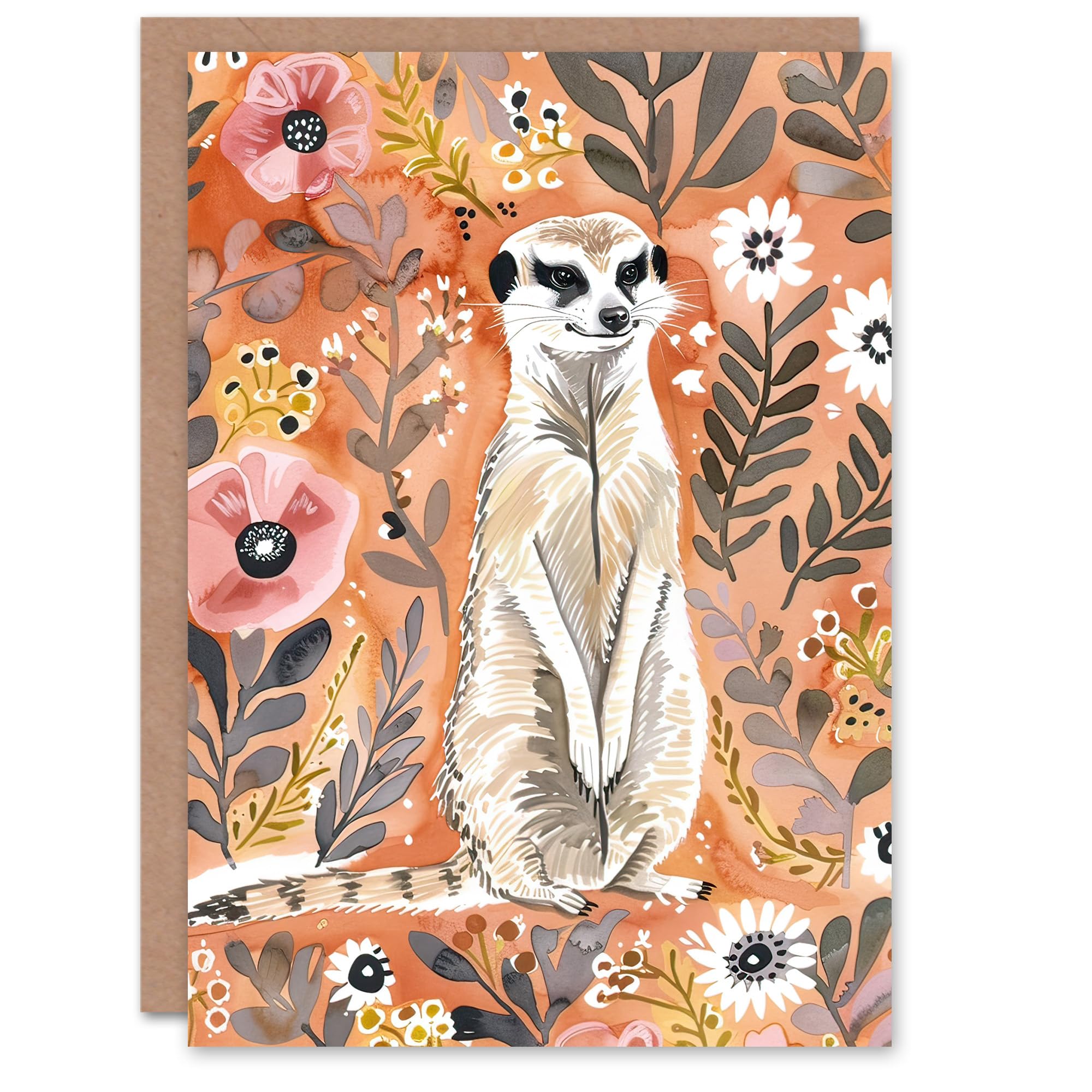 Artery8 Greeting Card Cute Meerkat with Wildflowers Orange Watercolour For Her Woman Birthday Card