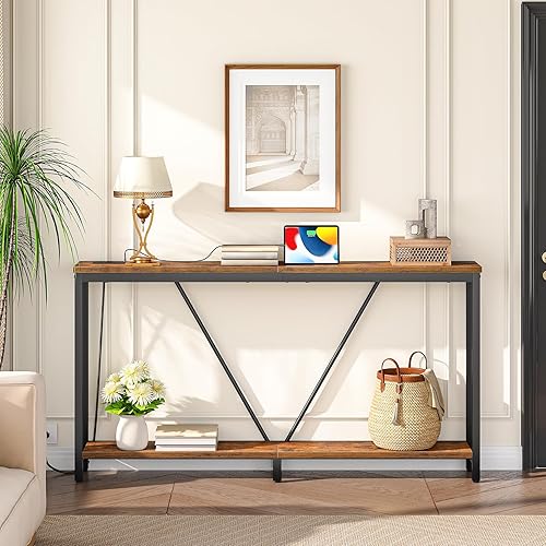 Miniatura 2 de HOOBRO Mesa consola de 63 pulgadas con estación de carga, mesa de sofá extra larga de 2 niveles con soporte en V, para espacio estrecho, mesa de