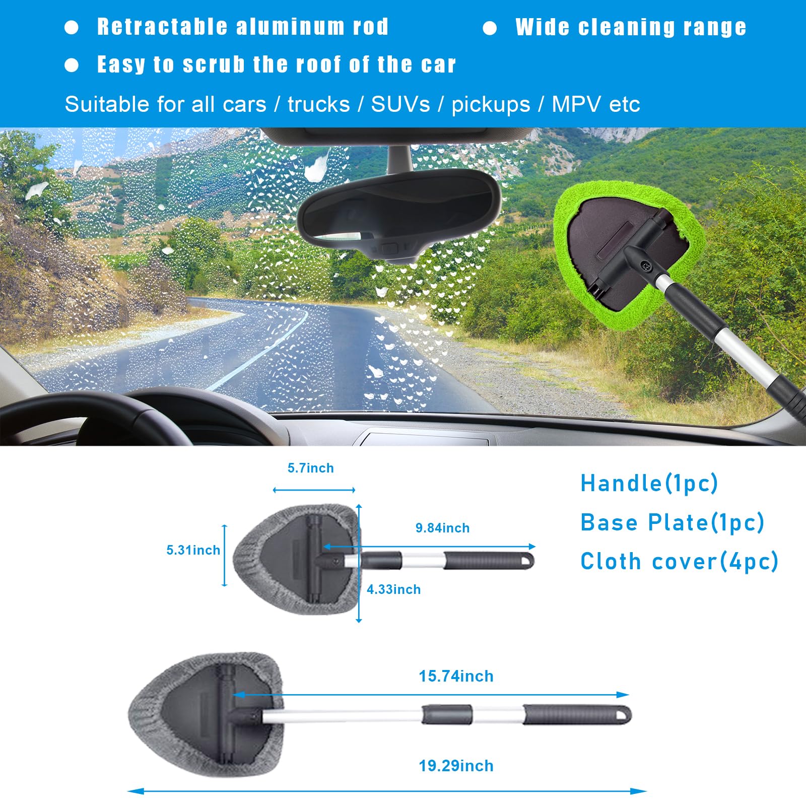 Ziciner Limpiador de parabrisas de automóvil, limpiaparabrisas de microfibra con mango extensible de aluminio y 2 cabezales de almohadilla de tela reutilizables lavables, kit de limpiador universal
